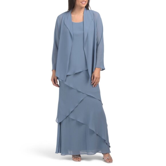 MARINA Pale Blue 2pc Chiffon Gown And Jacket Set